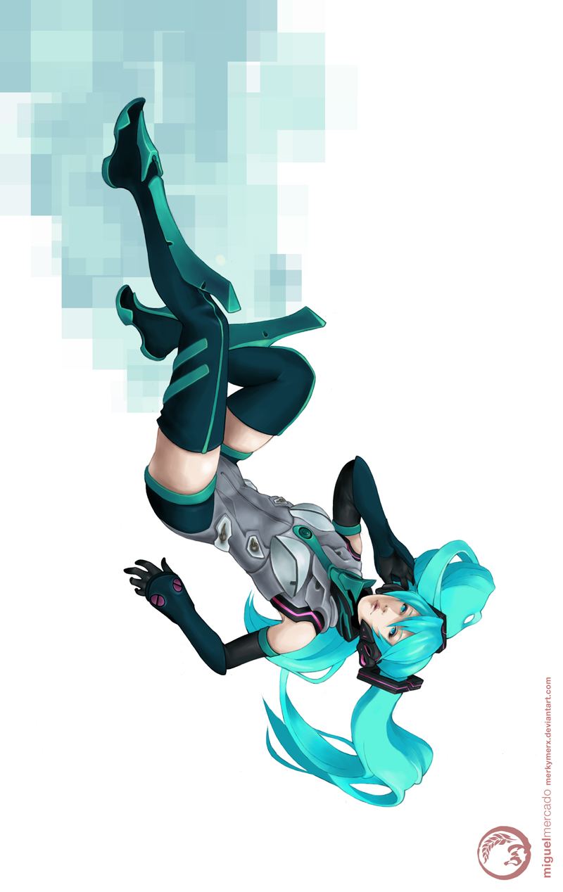 alternate_costume, aqua_eyes, aqua_hair, bare_shoulders, boots, elbow_gloves, falling, gloves