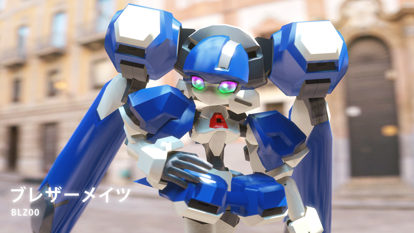 1girl, 3d, android, blazermate, freasaloz, hand_on_own_hip, highres, humanoid_robot, joints, mechanical_hair, medarot, no_mouth, no_nose, robot, robot_girl, robot_joints, solo, source_filmmaker_(medium), twintails