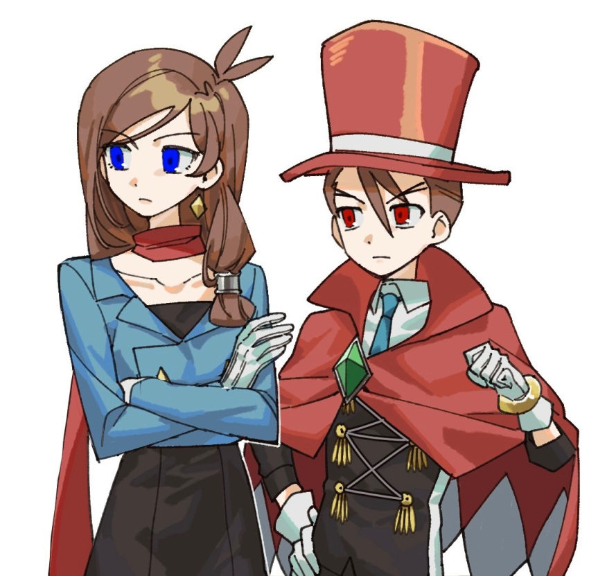 1boy, 1girl, ace_attorney, alternate_costume, apollo_justice, apollo_justice:_ace_attorney, blue_eyes, brown_hair