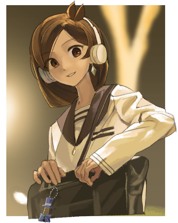 1girl, ace_attorney, alternate_costume, apollo_justice:_ace_attorney, bag, black_bag, border, brown_eyes, brown_hair, dhahfdlq_rhkxkz, diamond_earrings, earrings, headphones, jewelry, no_headwear, outside_border, shoulder_bag, smile, solo, teeth, trucy_wright, upper_body, white_border