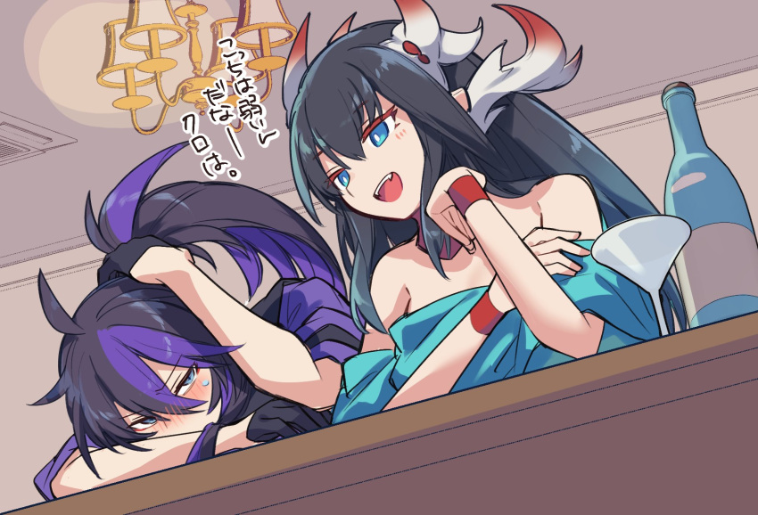 1boy, 1girl, ahoge, bartender, black_gloves, black_hair, blue_eyes, bottle