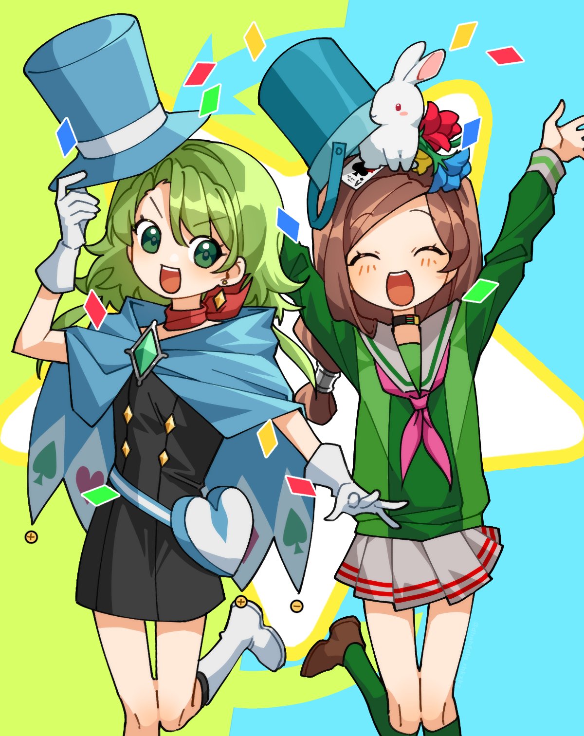2girls, :d, ^_^, ace_attorney, apollo_justice:_ace_attorney, arms_up, black_dress, blue_background