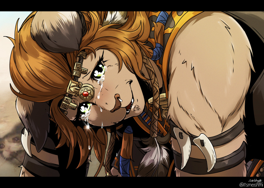 1girl, absurdres, armlet, brown_hair, circlet, crying, crying_with_eyes_open, derivative_work