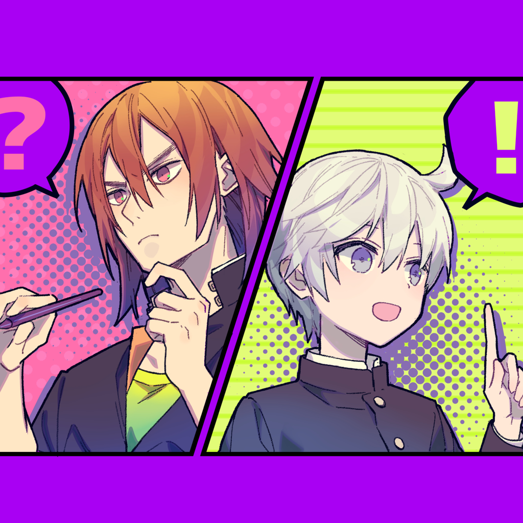 !, 2boys, ?, amezaza, black_jacket, brown_eyes, brown_hair, gakuran, green_undershirt, grey_eyes, hand_on_own_chin, hijiyama_takatoshi, holding, holding_pen, index_finger_raised, jacket, juusan_kihei_bouei_ken, male_focus, multiple_boys, okino_tsukasa, open_mouth, pen, school_uniform, simple_background, sleeves_rolled_up, stroking_own_chin, thinking