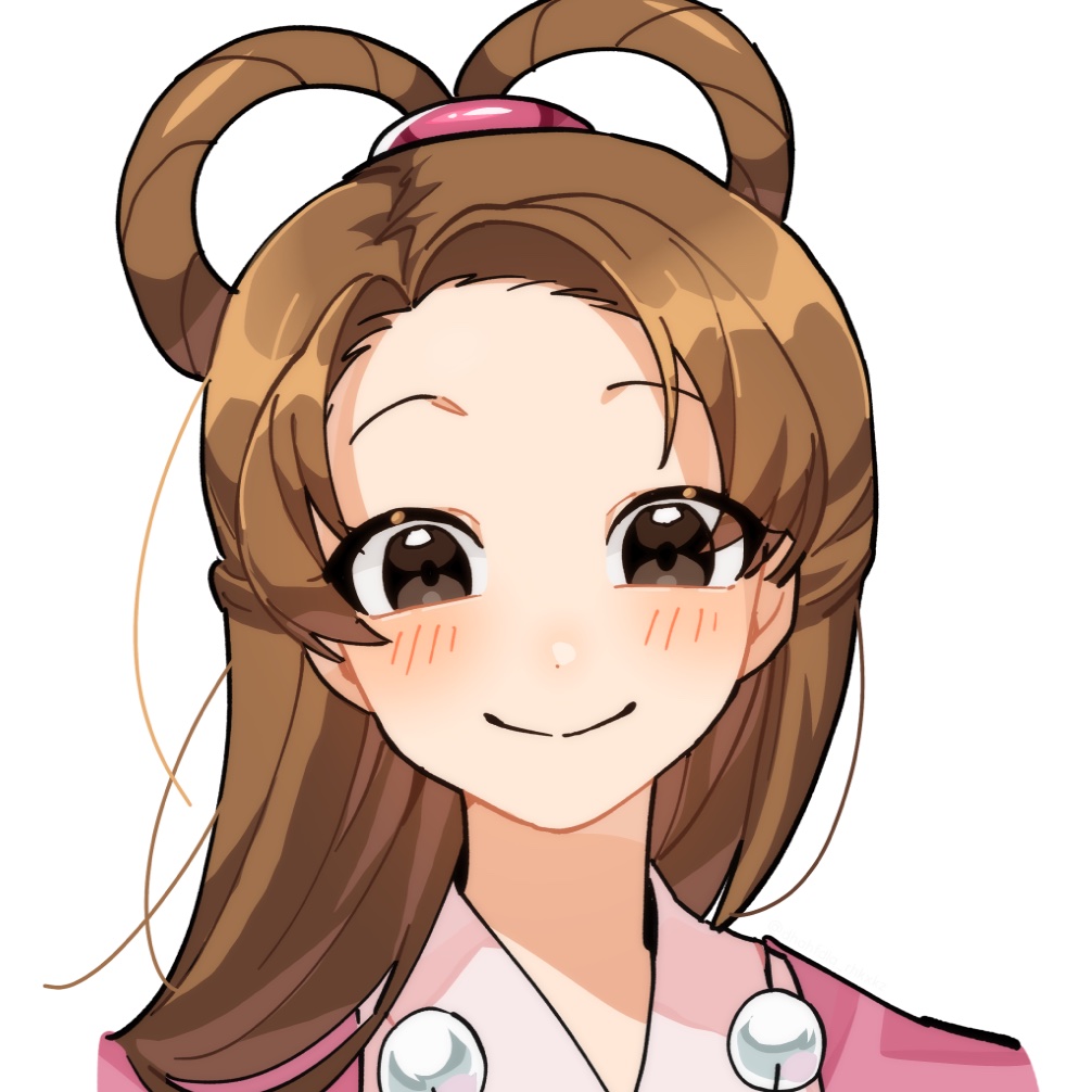 1girl, ace_attorney, aged_up, brown_eyes, brown_hair, close-up, closed_mouth, commentary_request, dhahfdlq_rhkxkz, hair_rings, korean_commentary, long_hair, pearl_fey, portrait, simple_background, smile, solo, white_background