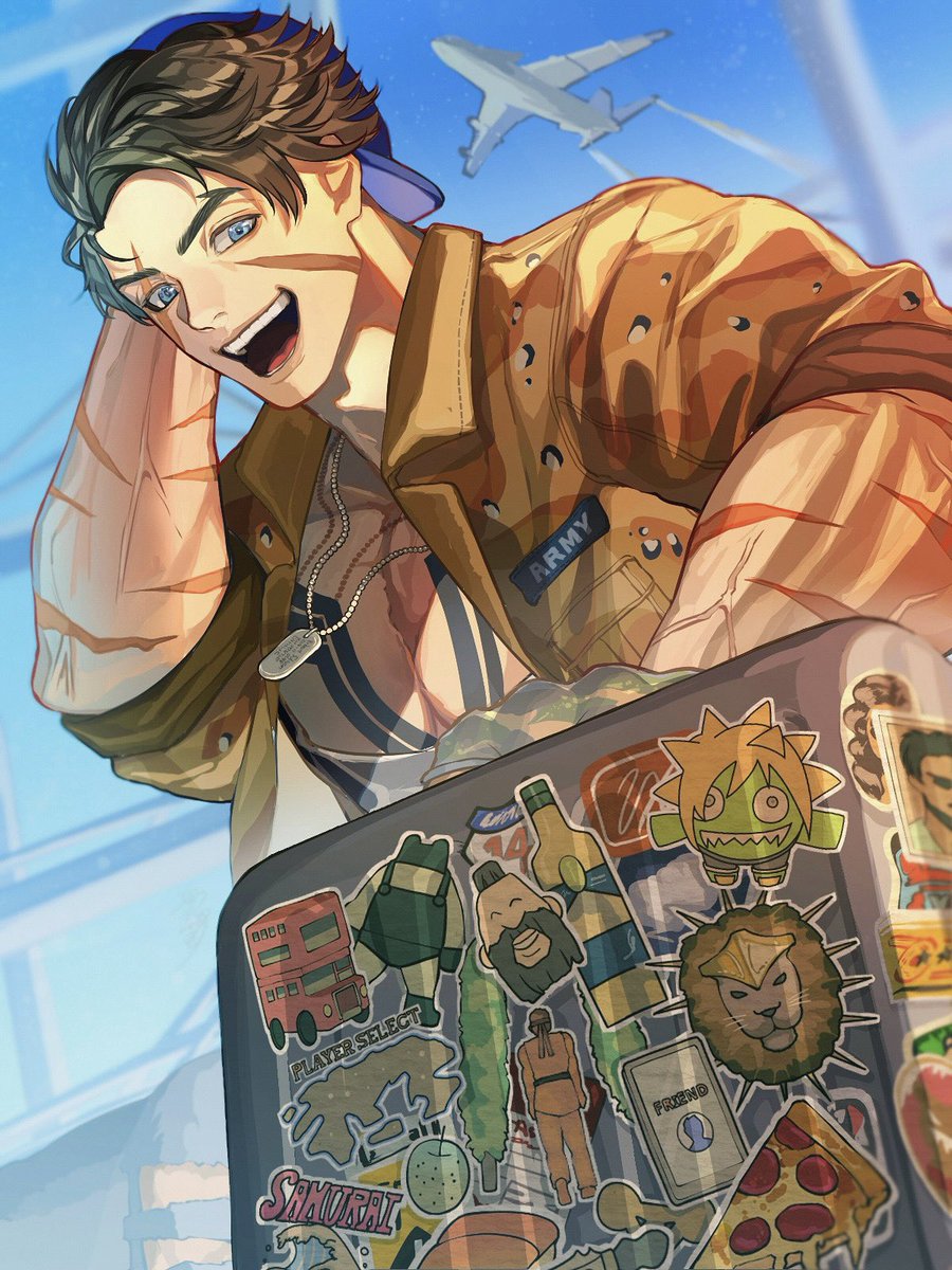 1boy, aircraft, airplane, alternate_costume, arm_behind_head, arm_up, backwards_hat, baseball_cap