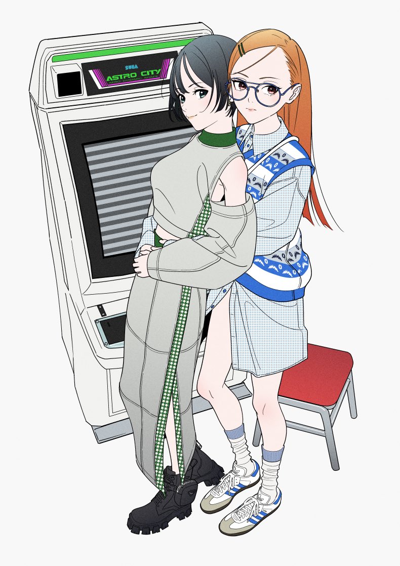 2girls, acubi_tomaranai, adidas, arcade_cabinet, astro_city, bare_shoulders, black_footwear, black_hair