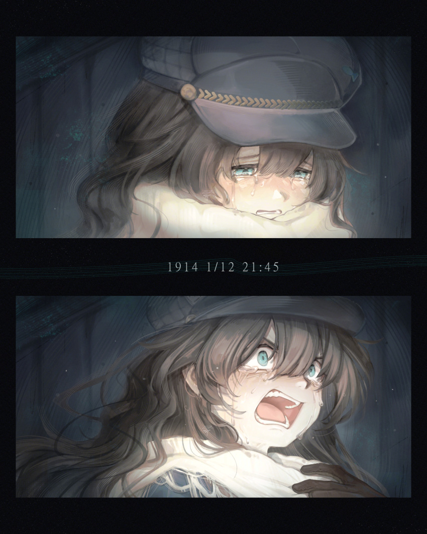 1girl, angry, blue_eyes, brown_gloves, brown_hair, cabbie_hat, clenched_teeth, crying