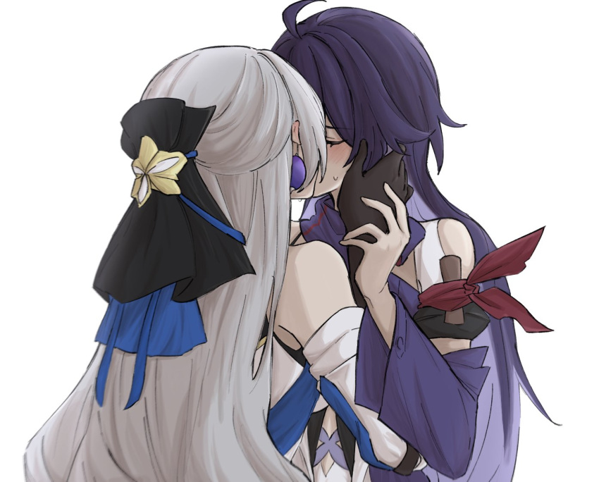 2girls, arm_scarf, black_gloves, black_ribbon, blush, bronya_rand, commentary_request, detached_sleeves