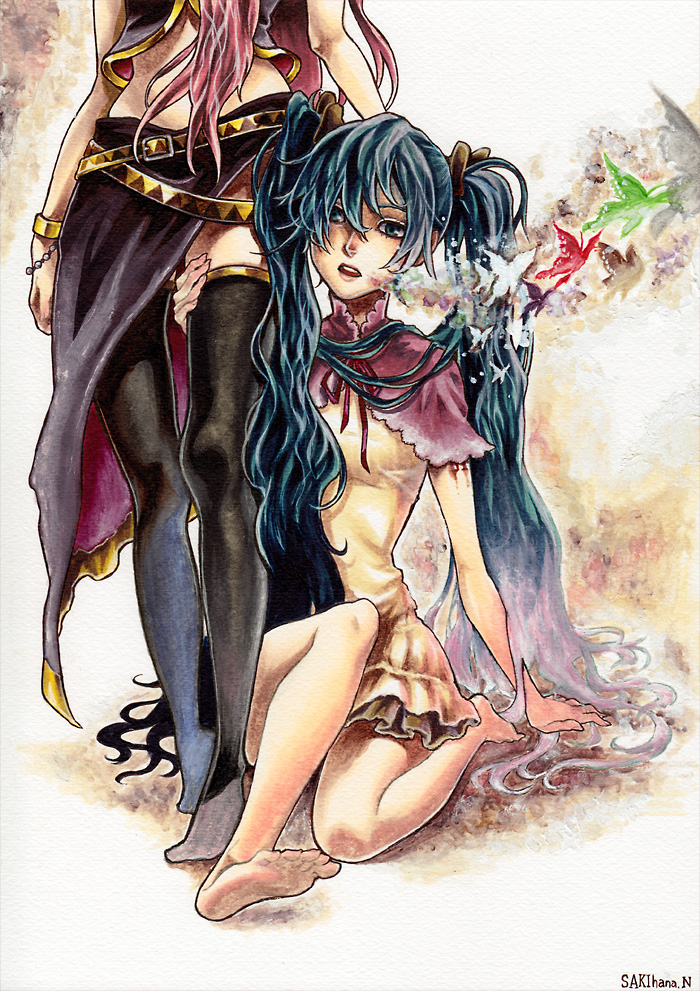 arm_support, barefoot, belt, blue_eyes, blue_hair, butterfly, feet, hatsune_miku, long_hair, megurine_luka, midriff, multiple_girls, pink_hair, sakihana, sitting, skirt, thigh-highs, thighhighs, traditional_media, twintails, very_long_hair, vocaloid