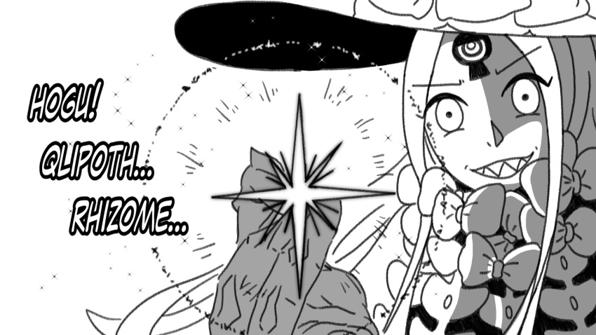 1girl, abigail_williams_(fate), abigail_williams_(third_ascension)_(fate), english_commentary, english_text, fate/grand_order, fate_(series), gat0w, gojou's_imaginary_technique, greyscale, hat, highres, jujutsu_kaisen, keyhole, long_hair, looking_at_viewer, meme, monochrome, multiple_hat_bows, noble_phantasm_(fate), parted_bangs, revealing_clothes, scene_reference, sharp_teeth, smile, solo, teeth, tentacles, third_eye, upper_body, very_long_hair, witch_hat