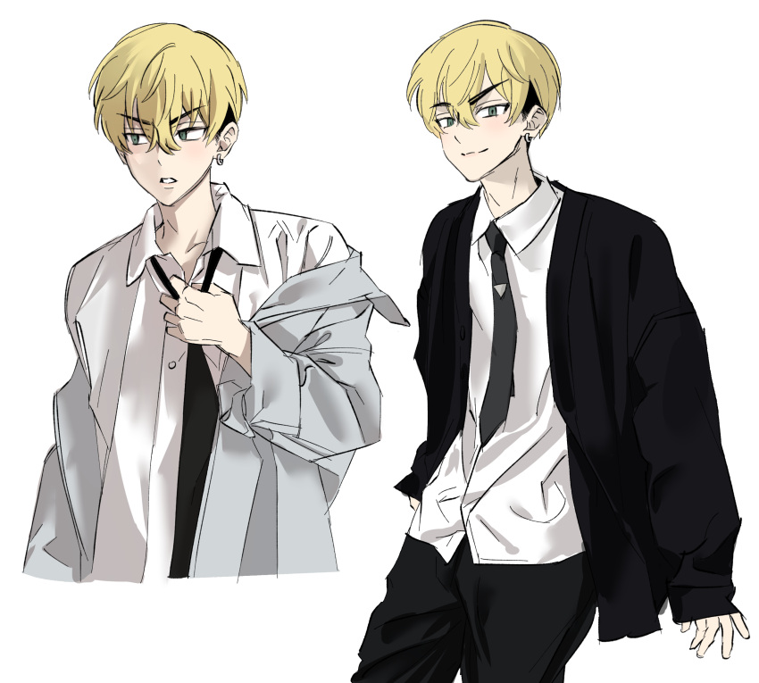 1boy, absurdres, akarui_0, black_cardigan, black_necktie, black_pants, blonde_hair, cardigan