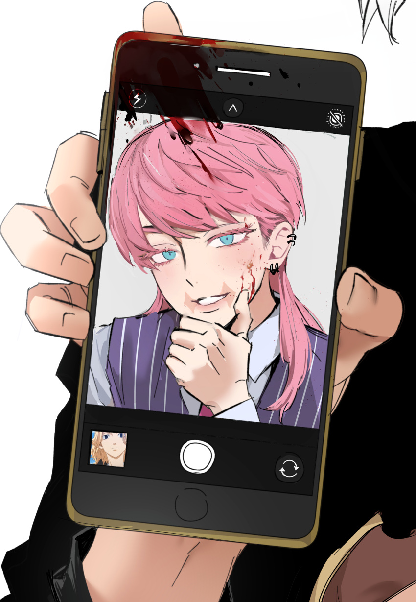 2boys, absurdres, akarui_0, aqua_eyes, blood_on_cheek, collared_shirt, ear_piercing, eyelashes