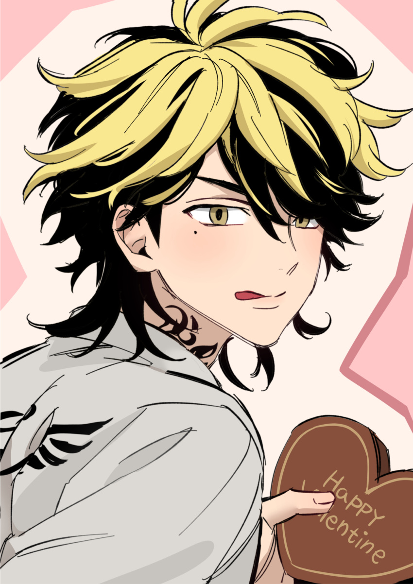 1boy, akarui_0, black_hair, blonde_hair, chocolate, food, from_side, hair_over_one_eye