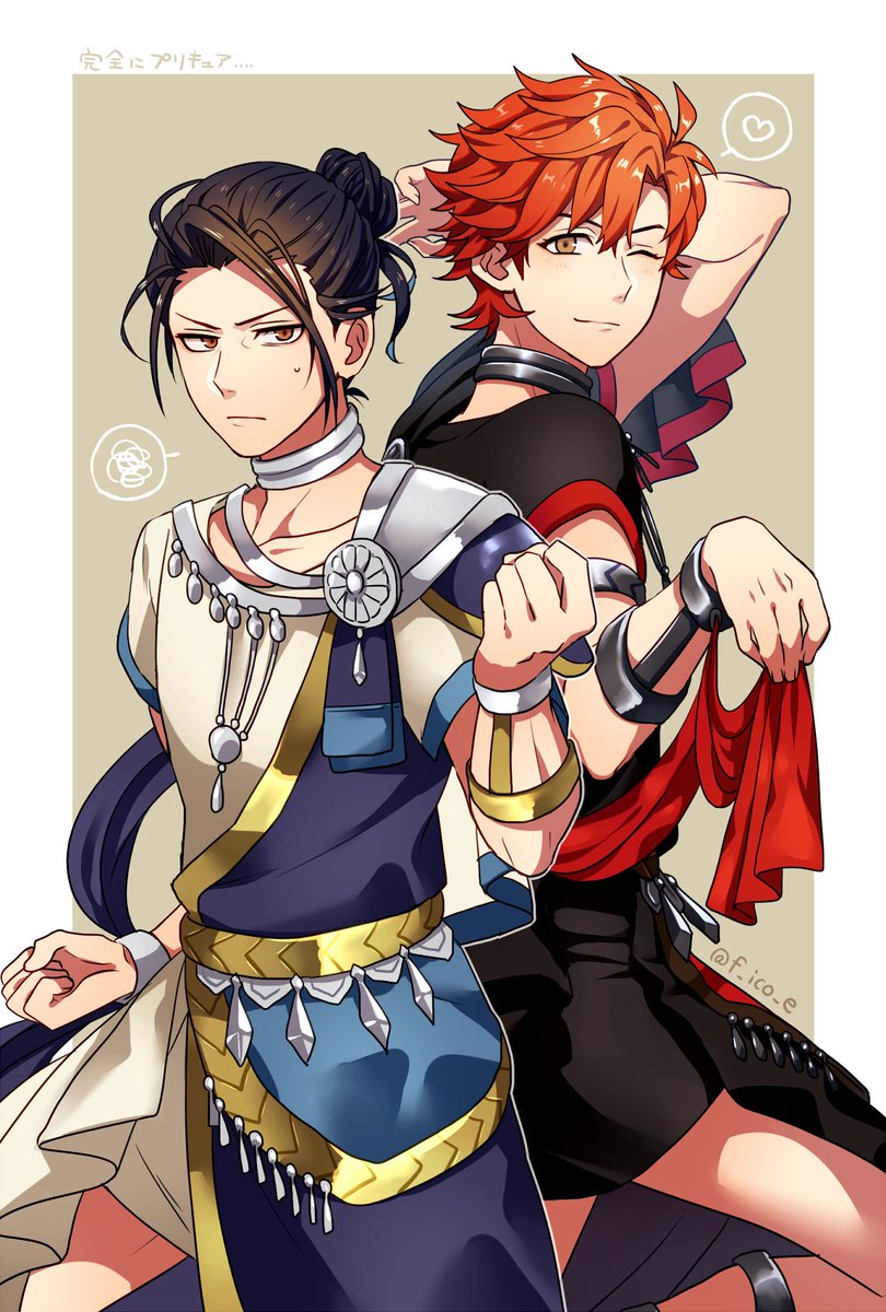 2boys, anklet, arm_behind_head, black_bracer, black_choker, black_robe, blue_robe, border, bracer, choker, clenched_hand, clenched_hands, collarbone, cowboy_shot, dancer_(fire_emblem:_three_houses), f_ico_e, feet_out_of_frame, felix_hugo_fraldarius, fire_emblem, fire_emblem:_three_houses, frilled_skirt, frills, gold_bracer, gold_trim, hair_between_eyes, hand_up, heart, highres, jewelry, knee_up, lifting_own_clothes, looking_at_viewer, male_focus, multicolored_clothes, multiple_boys, neck_tassel, one_eye_closed, orange_hair, outside_border, red_sash, robe, sash, simple_background, skirt, speech_bubble, spoken_heart, spoken_squiggle, squiggle, standing, standing_on_one_leg, sweatdrop, sylvain_jose_gautier, tassel, twitter_username, waist_tassel, white_border, white_choker, yellow_eyes