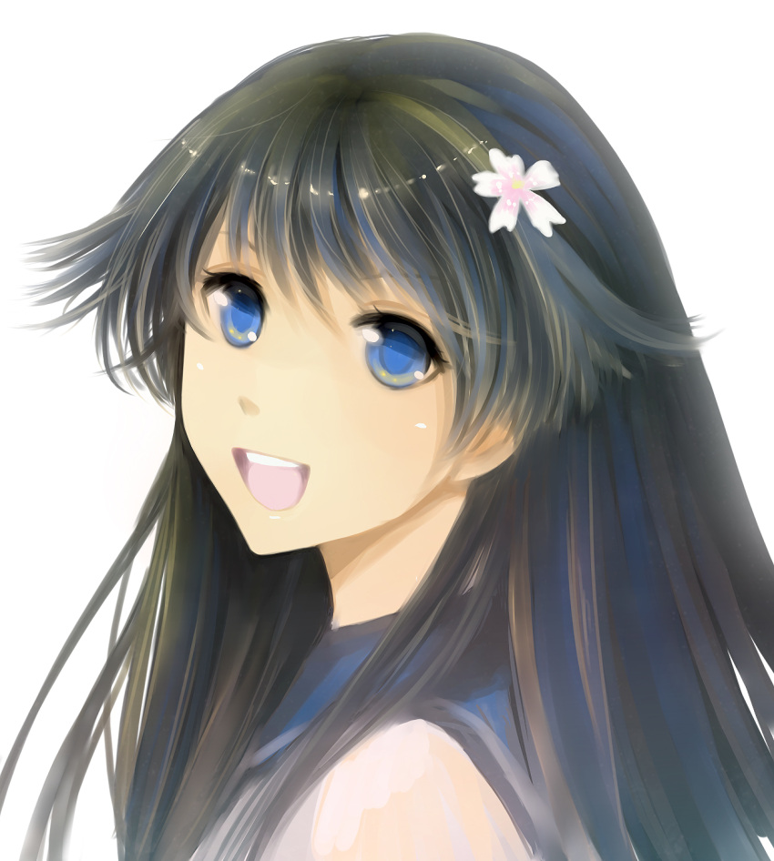 blue_eyes, flower, hair_flower, hair_ornament, highres, long_hair, looking_back, mp3_(wumingmp3), open_mouth, saten_ruiko, school_uniform, serafuku, smile, to_aru_kagaku_no_railgun, to_aru_majutsu_no_index