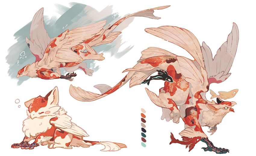 animal_focus, beak, bird_wings, chilfa_112, chimera, closed_eyes, color_guide, feathered_wings