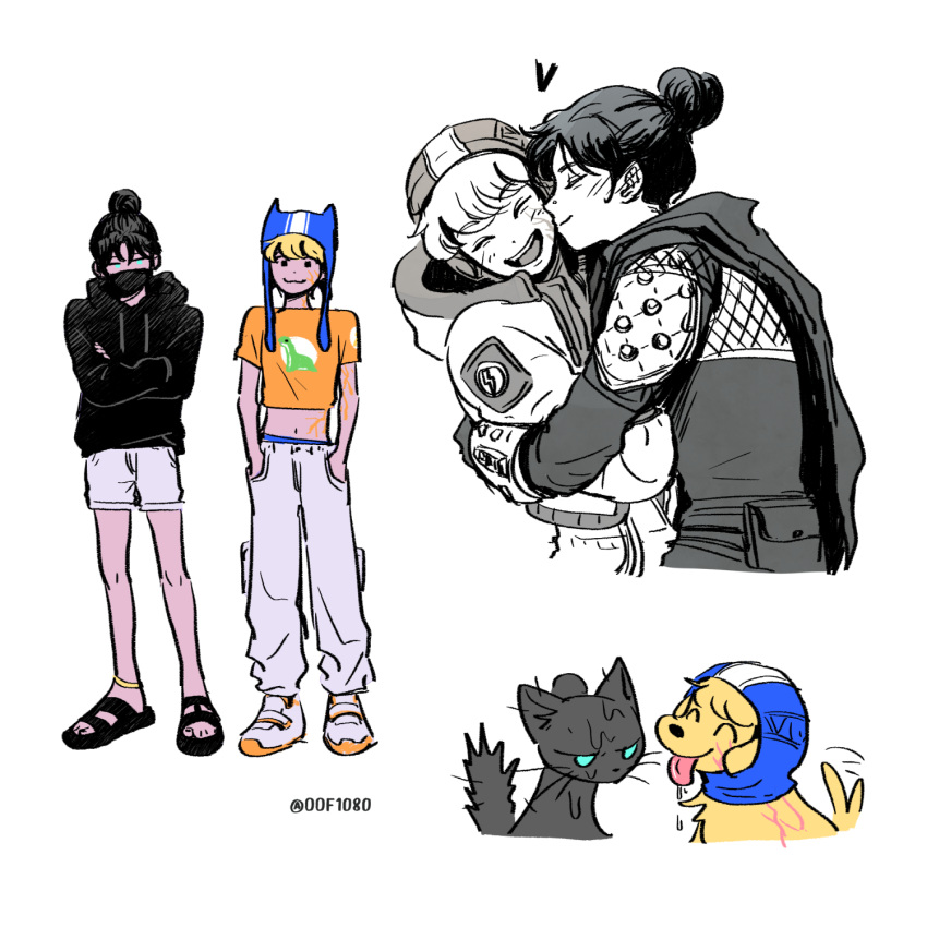 2girls, :3, aigo_(oof1080), annoyed, apex_legends, beanie, black_footwear, black_hair
