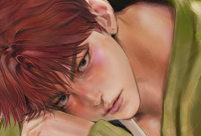 1boy, black_eyes, blush, cardigan, close-up, closed_mouth, green_cardigan, head_on_hand, head_rest, highres, light_blush, looking_at_viewer, male_focus, nose_blush, redhead, sakuragi_hanamichi, short_hair, slam_dunk_(series), solo, v-shaped_eyebrows, yangchinnom