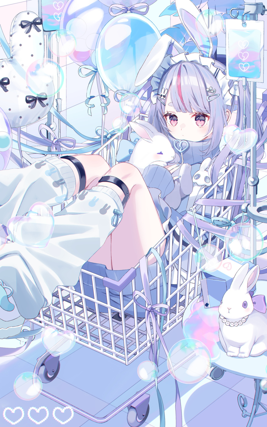 animal_ears, balloon, bubble, cattleya_regina_games, fake_animal_ears, grey_hair, hair_ornament, hairpin