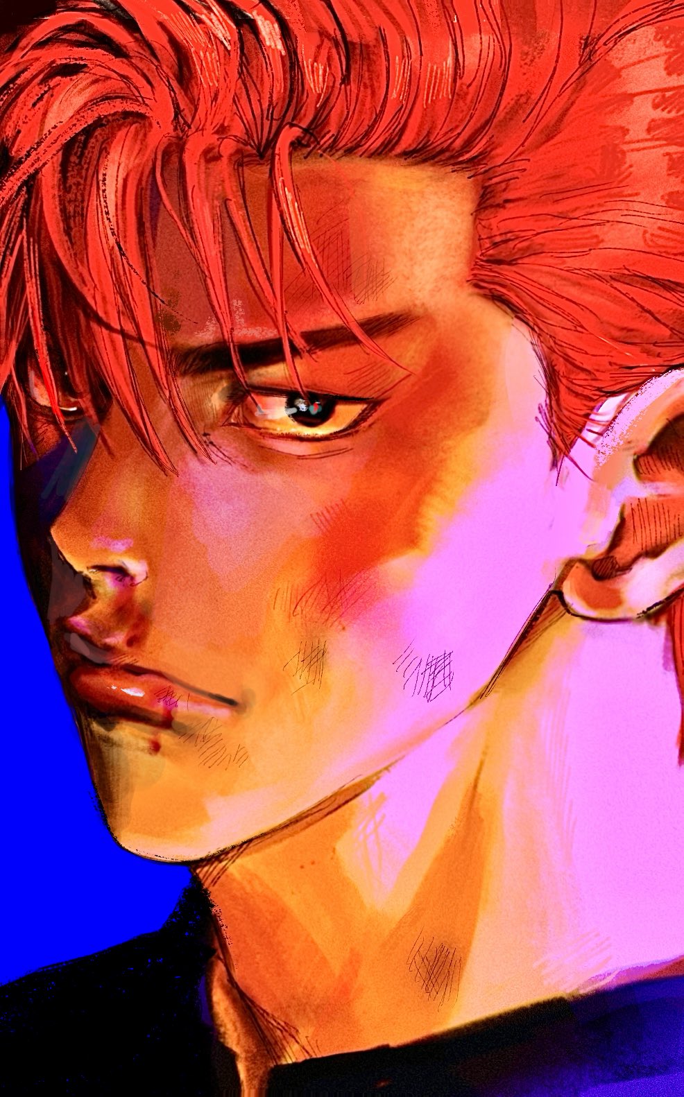 1boy, adam's_apple, black_eyes, blood, blue_background, bruise, bruise_on_face, close-up