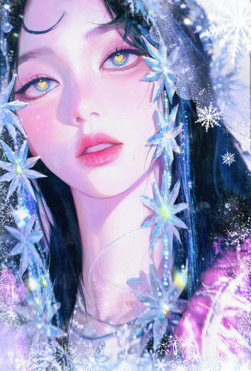 1girl, absurdres, aespa, asian, black_hair, blue_eyes, blue_flower, blush