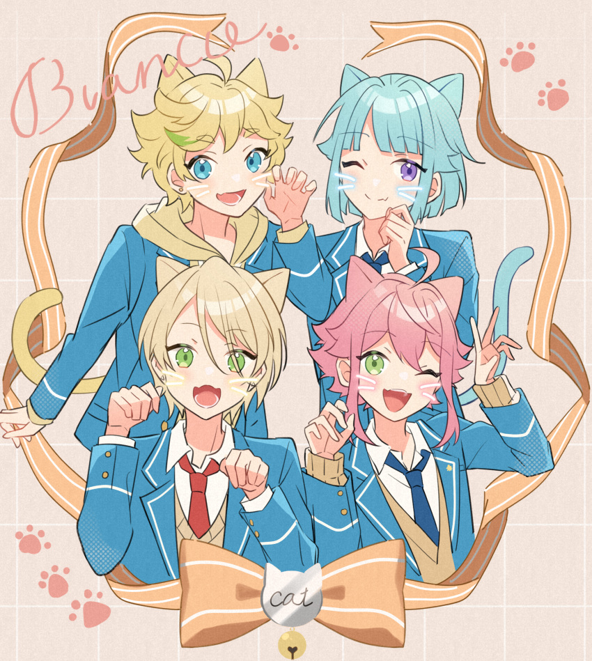 4boys, androgynous, bishounen, blue_jacket, blue_necktie, brown_background, cat_boy, drawn_whiskers