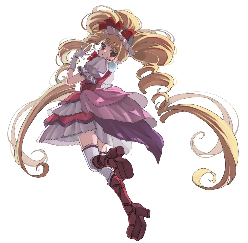 1girl, blonde_hair, blunt_bangs, boots, bow, breasts, cure_macherie, dress, gloves, hair_bow, highres, hugtto!_precure, leg_up, long_hair, looking_at_viewer, multicolored_clothes, multicolored_dress, omochi_011011, precure, puffy_short_sleeves, puffy_sleeves, purple_footwear, purple_gloves, purple_thighhighs, red_bow, red_eyes, short_sleeves, simple_background, solo, thigh-highs, very_long_hair, white_background