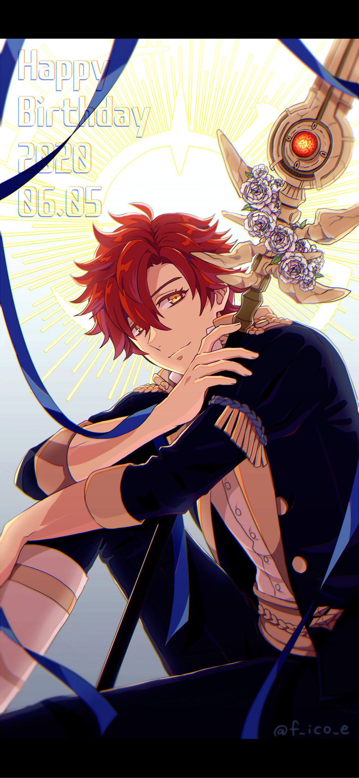 1boy, absurdres, arm_on_knee, black_jacket, black_pants, blue_ribbon, closed_mouth, commentary, crossed_arms, dated, dress_shirt, f_ico_e, fire_emblem, fire_emblem:_three_houses, garreg_mach_monastery_uniform, glowing_lines, gold_trim, gold_wrist_cuffs, gradient_background, hair_between_eyes, halo, hand_on_own_shoulder, happy_birthday, highres, holding, jacket, knee_up, lance_of_ruin, layered_clothes, looking_to_the_side, male_focus, open_clothes, open_jacket, ornate_weapon, outstretched_leg, pants, polearm, profile, redhead, ribbon, shirt, sideways_glance, sitting, smile, solo, spear, sylvain_jose_gautier, tassel, undershirt, weapon, white_shirt, wrist_cuffs, yellow_eyes