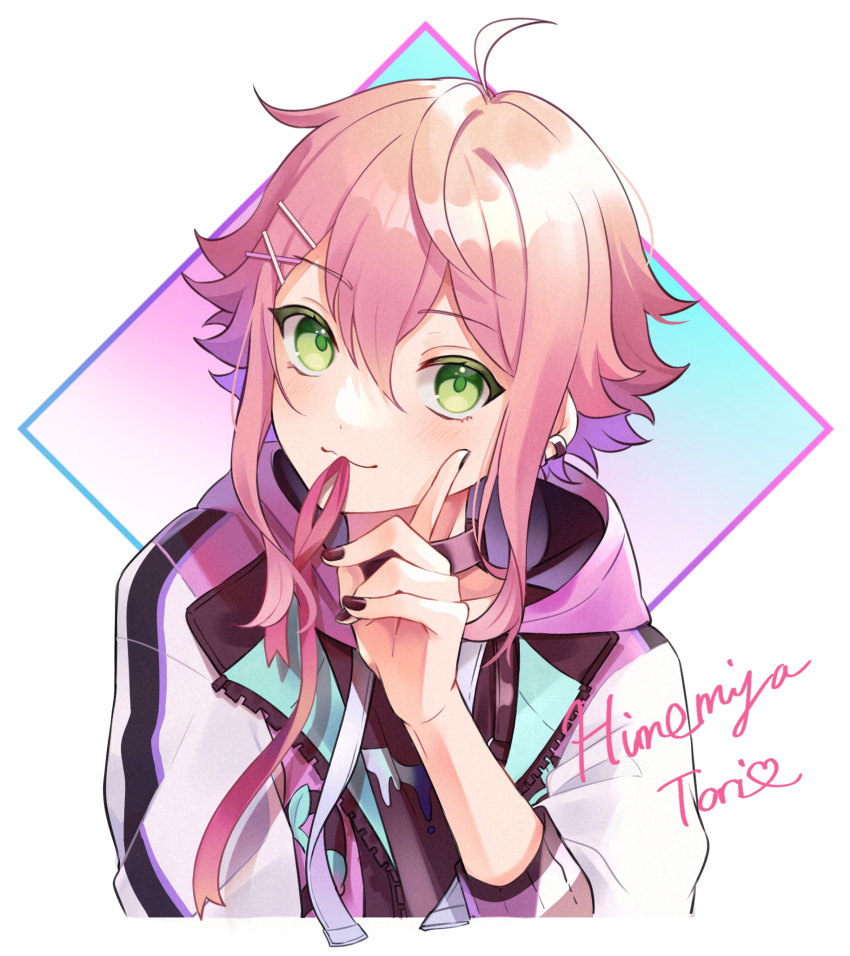1boy, ahoge, androgynous, bishounen, black_nails, character_name, cropped_torso, diamond_(shape), double-parted_bangs, ensemble_stars!, green_eyes, green_pupils, hair_between_eyes, hand_up, head_tilt, highres, himemiya_tori, male_focus, nail_polish, pink_hair, pointing, portrait, shino_(sinotaro_), simple_background, sleeves_past_elbows, solo, white_background