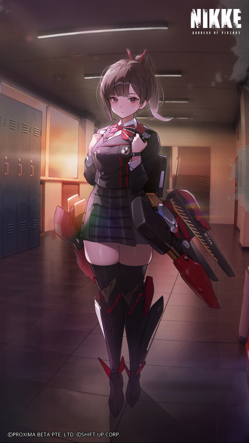 1girl, black_hair, black_shirt, black_skirt, black_thighhighs, closed_mouth, collared_shirt, goddess_of_victory:_nikke, gun, high_heels, highres, long_hair, long_sleeves, official_art, ponytail, red_eyes, school_uniform, serbu_super-shorty, shirt, sidelocks, skirt, solo, standing, thick_thighs, thigh-highs, thighs, weapon, white_shirt, zettai_ryouiki, zwei_(nikke)