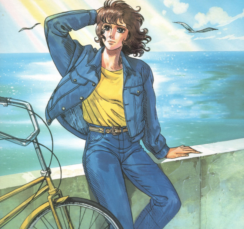 ace_wo_nerae, bike, brown_hair, denim_jacket, ocean, oka_hiromi, old_school, outside