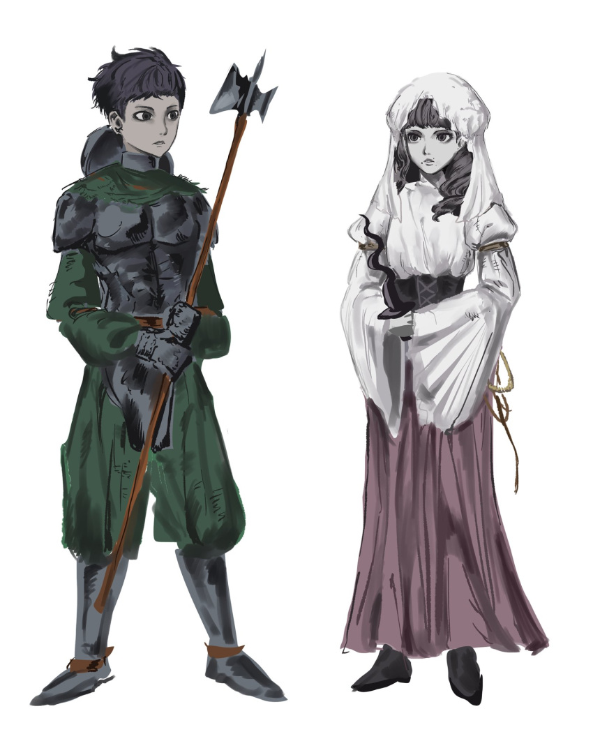 1boy, 1girl, alternate_costume, armor, baggy_pants, black_footwear, black_hair, bodice