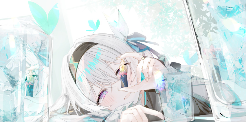1girl, absurdres, black_hairband, black_jacket, blush, bug, butterfly, commentary