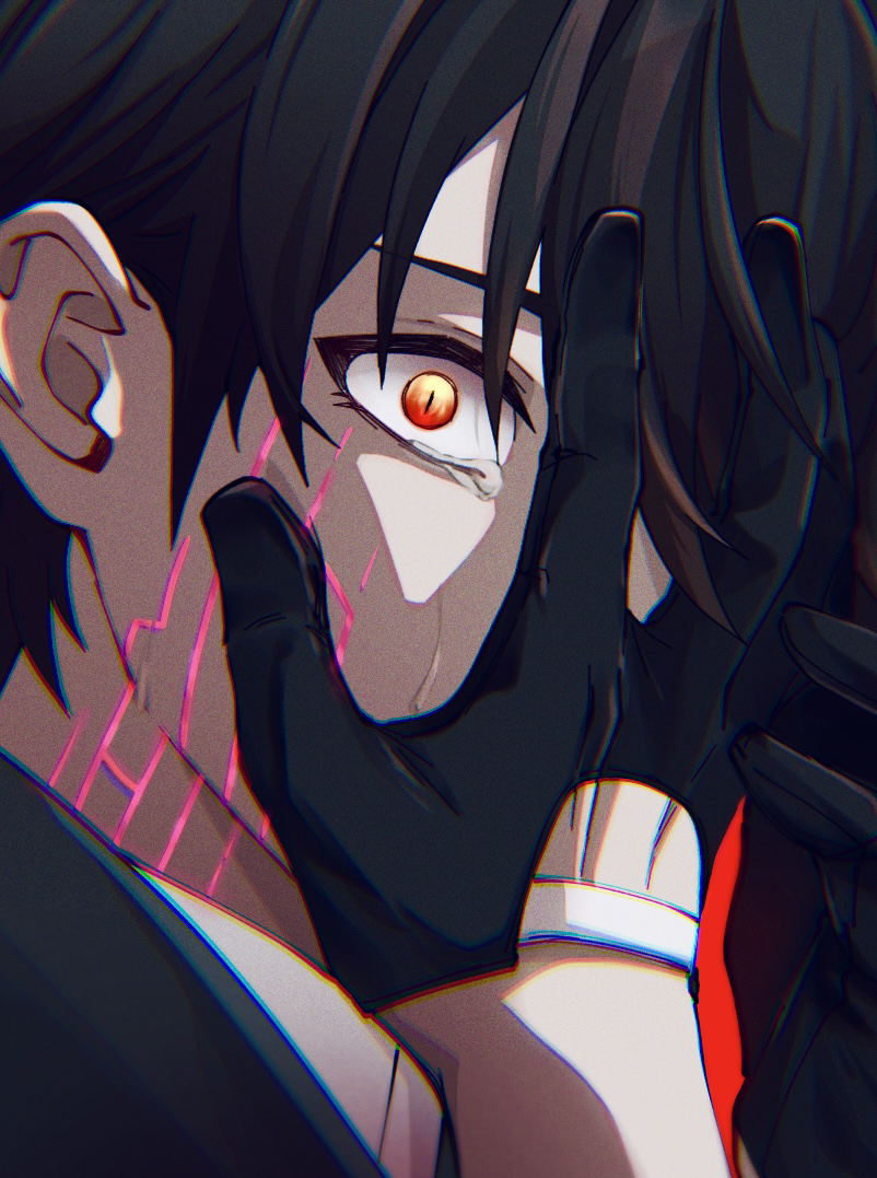 1boy, adam_(honkai_impact), black_gloves, brown_hair, commentary, covering_face, covering_one_eye, crying, crying_with_eyes_open, eipenor, gloves, glowing_markings, hand_on_own_face, honkai_(series), honkai_impact_3rd, looking_at_viewer, male_focus, portrait, red_eyes, short_hair, slit_pupils, solo, tears