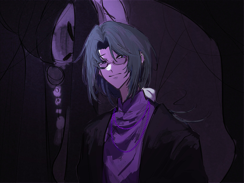 1boy, 5583978473, black_eyes, black_hair, black_jacket, chinese_commentary, closed_mouth, commentary_request, glasses, highres, huai_yunqing, jacket, male_focus, mandarin_collar, open_clothes, open_jacket, parted_bangs, purple_shirt, shenggong_(touqi_guaitan), shirt, short_hair, touqi_guaitan, upper_body