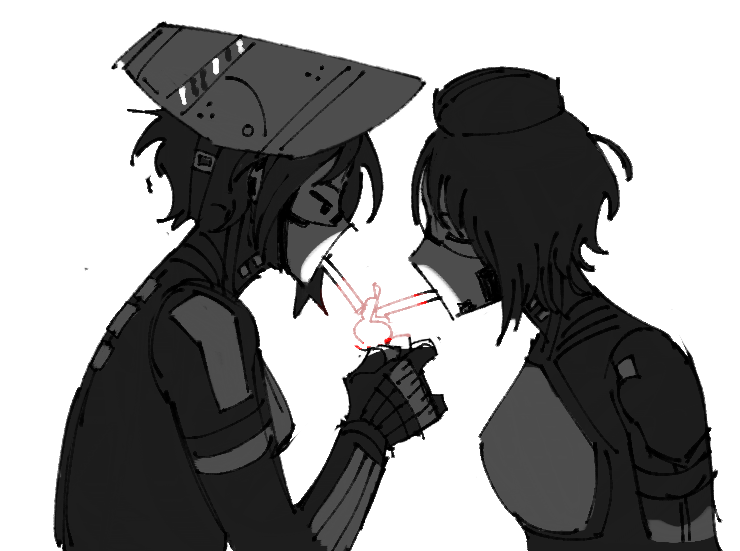 2girls, android, ara_(signalis), black_hair, cigarette, cigarette_kiss, eule_(signalis), fire