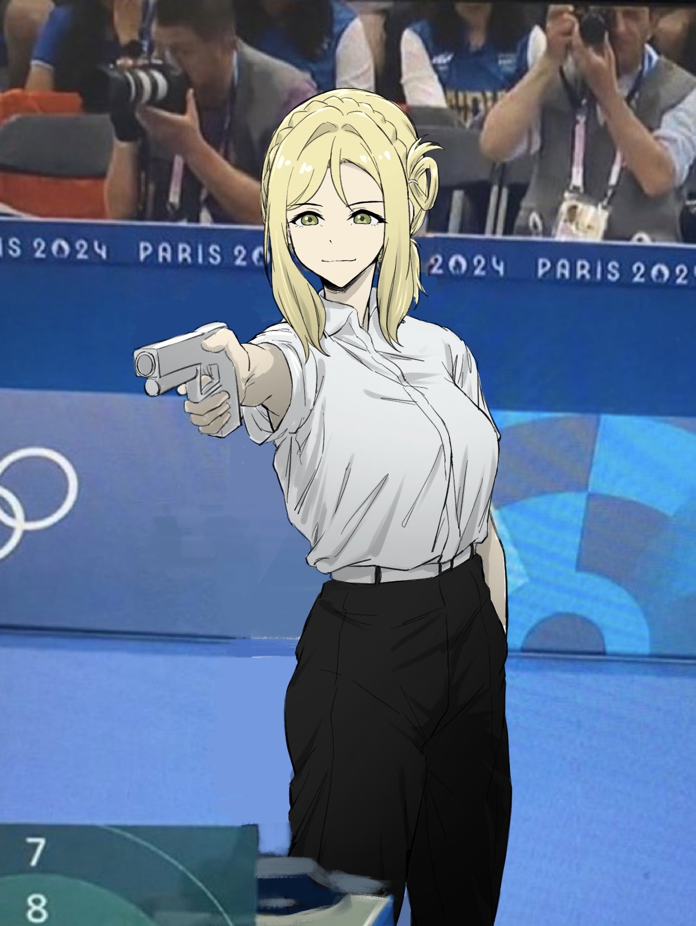 1girl, 2024_summer_olympics, black_pants, blonde_hair, closed_mouth, collared_shirt, commentary_request, gun, hand_in_pocket, handgun, highres, holding, holding_gun, holding_weapon, love_live!, love_live!_sunshine!!, ohara_mari, olympics, pants, shirt, single_hair_ring, solo, standing, upper_body, weapon, white_shirt, yakult1124, yellow_eyes, yusuf_dikec