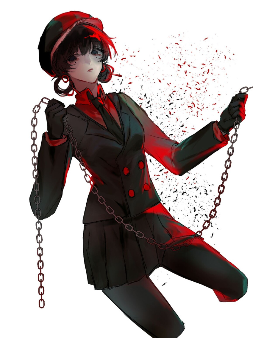 1girl, black_gloves, black_hair, black_hat, black_jacket, black_necktie, black_pantyhose, black_skirt