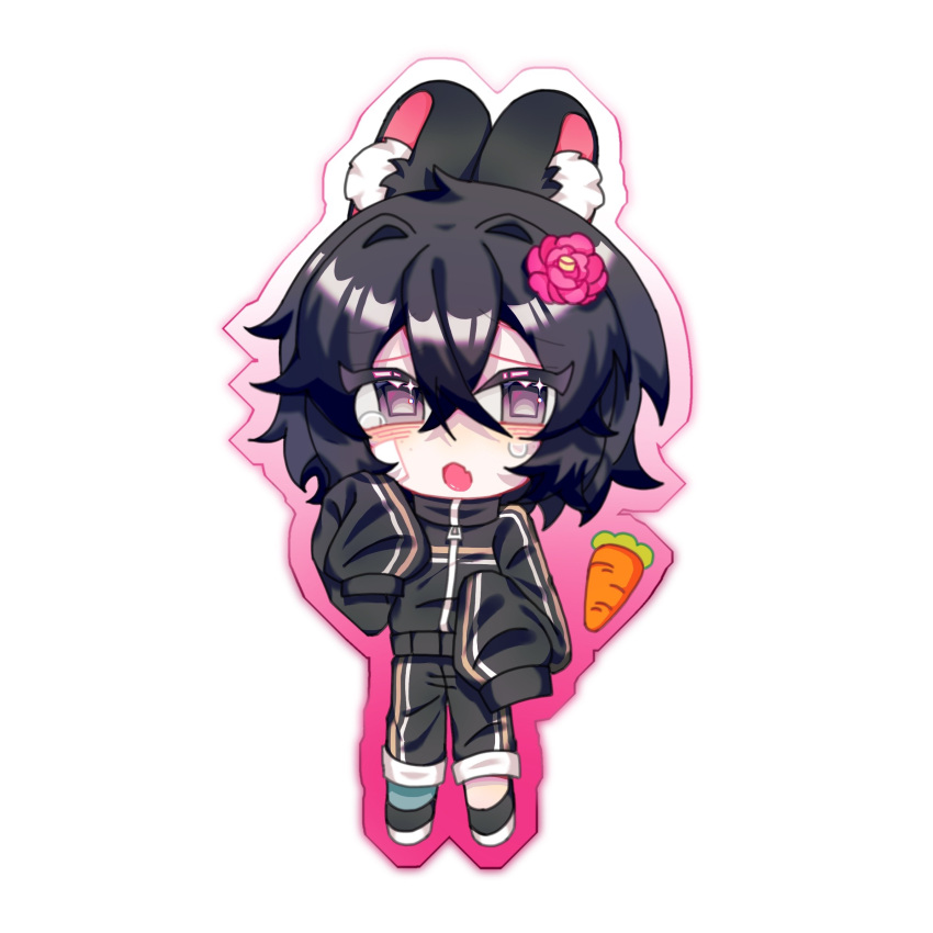 1boy, alternate_eye_color, animal_ear_fluff, bandage_on_face, bandages, black_footwear, black_jacket, black_pants