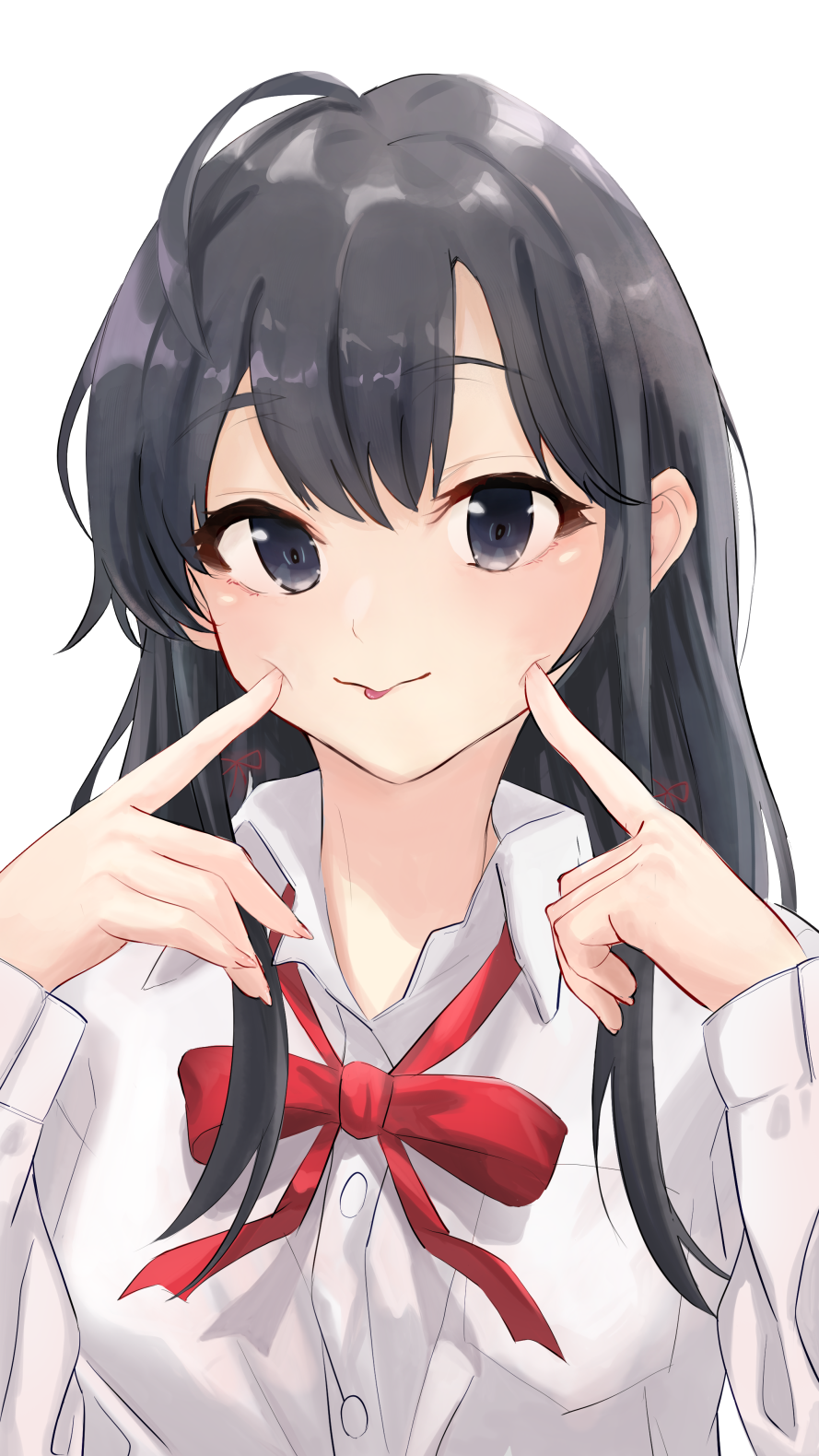 1girl, :p, ahoge, black_hair, blue_eyes, fingers_to_cheeks, hair_ribbon, highres