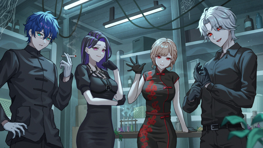 2boys, 2girls, :>, belt, black_belt, black_dress, black_hair, black_pants