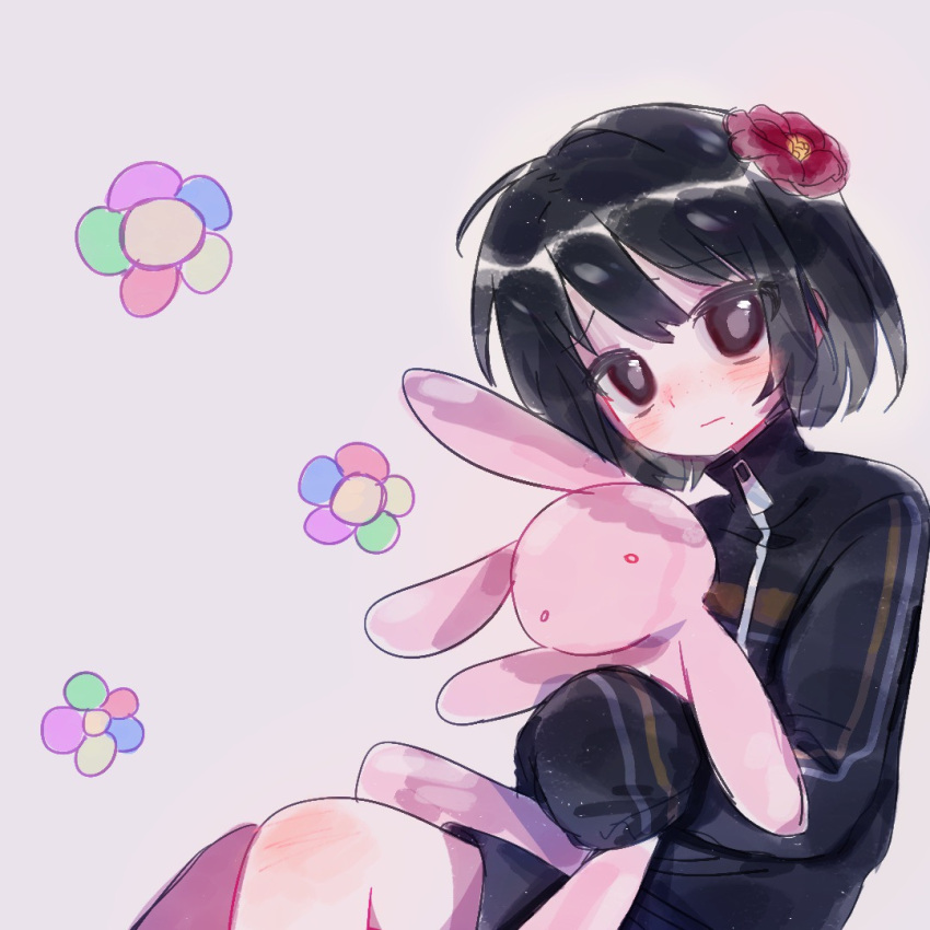 1boy, black_eyes, black_hair, black_jacket, black_shorts, closed_mouth, flower, freckles, fu_shun_(touqi_guaitan), hair_flower, hair_ornament, holding, holding_stuffed_toy, jacket, light_particles, long_sleeves, male_focus, mole, mole_under_mouth, red_flower, short_hair, shorts, simple_background, sitting, sleeves_past_fingers, sleeves_past_wrists, solo, stuffed_animal, stuffed_rabbit, stuffed_toy, touqi_guaitan, vvill, white_background, zipper_pull_tab