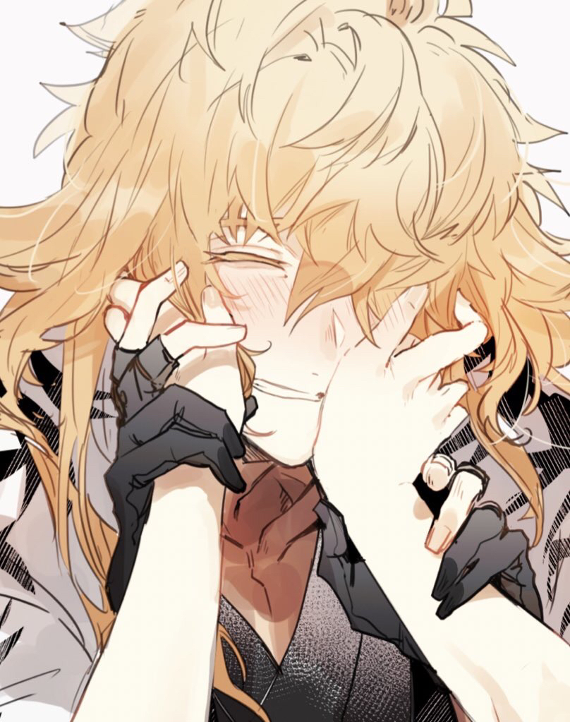 1boy, ^_^, black_gloves, blonde_hair, blush, closed_eyes, gloves, grey_kimono