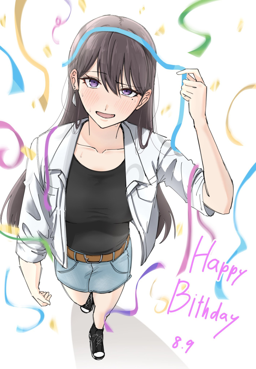 1girl, bang_dream!, bang_dream!_it's_mygo!!!!!, belt, belt_buckle, black_footwear, black_shirt, blue_skirt