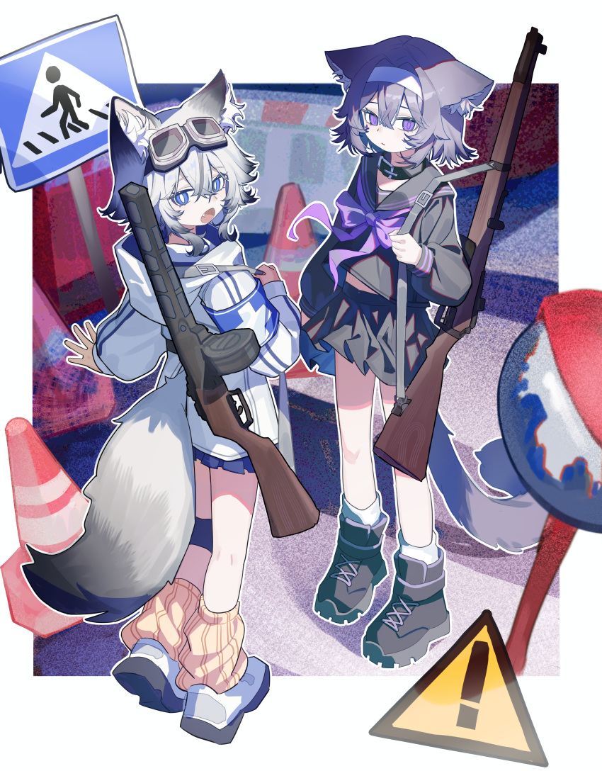 1cyaya1, 2girls, absurdres, animal_ear_fluff, animal_ears, armband, belt_collar, black_footwear