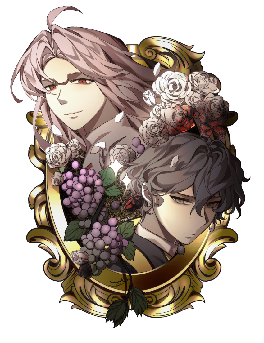 2boys, absurdres, ahoge, black_hair, black_jacket, chinese_commentary, chunaizhanshi23057, closed_mouth, commentary_request, flower, food, fruit, grapes, grey_hair, hair_between_eyes, hatsutori_hajime, highres, jacket, long_hair, male_focus, multiple_boys, parted_bangs, pink_hair, red_eyes, rose, saibou_shinkyoku, shirt, short_hair, smile, utsugi_noriyuki, white_flower, white_rose, white_shirt