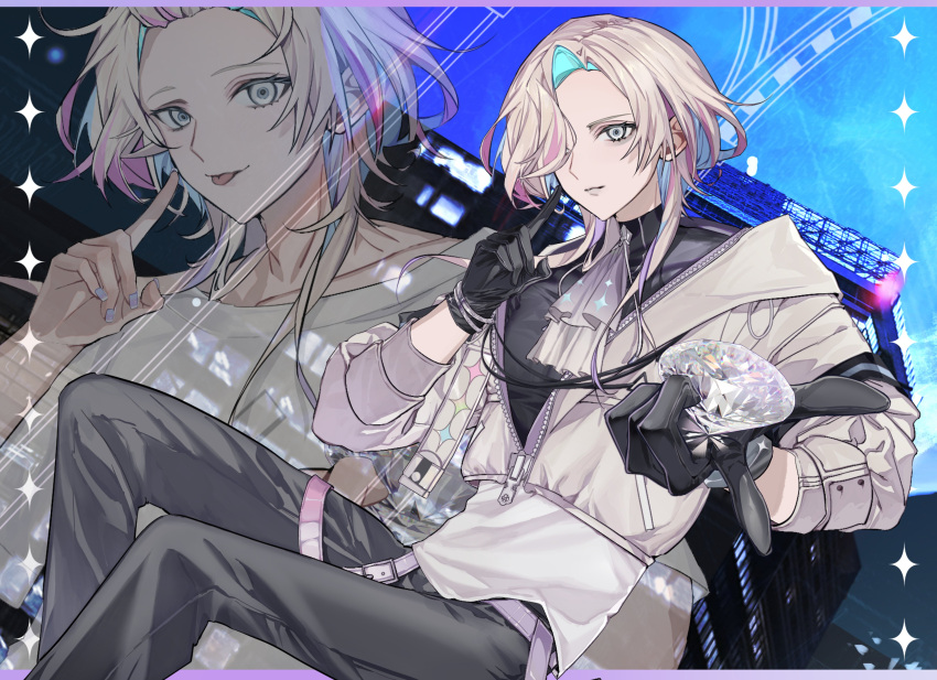 1boy, :p, :|, absurdres, aqua_hair, ascot, bangs_pinned_back, belt