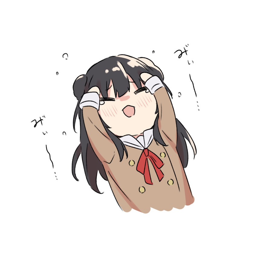 1girl, animal_ears, bang_dream!, black_hair, blush, brown_dress, cat_covering_ears_(meme), cat_ears