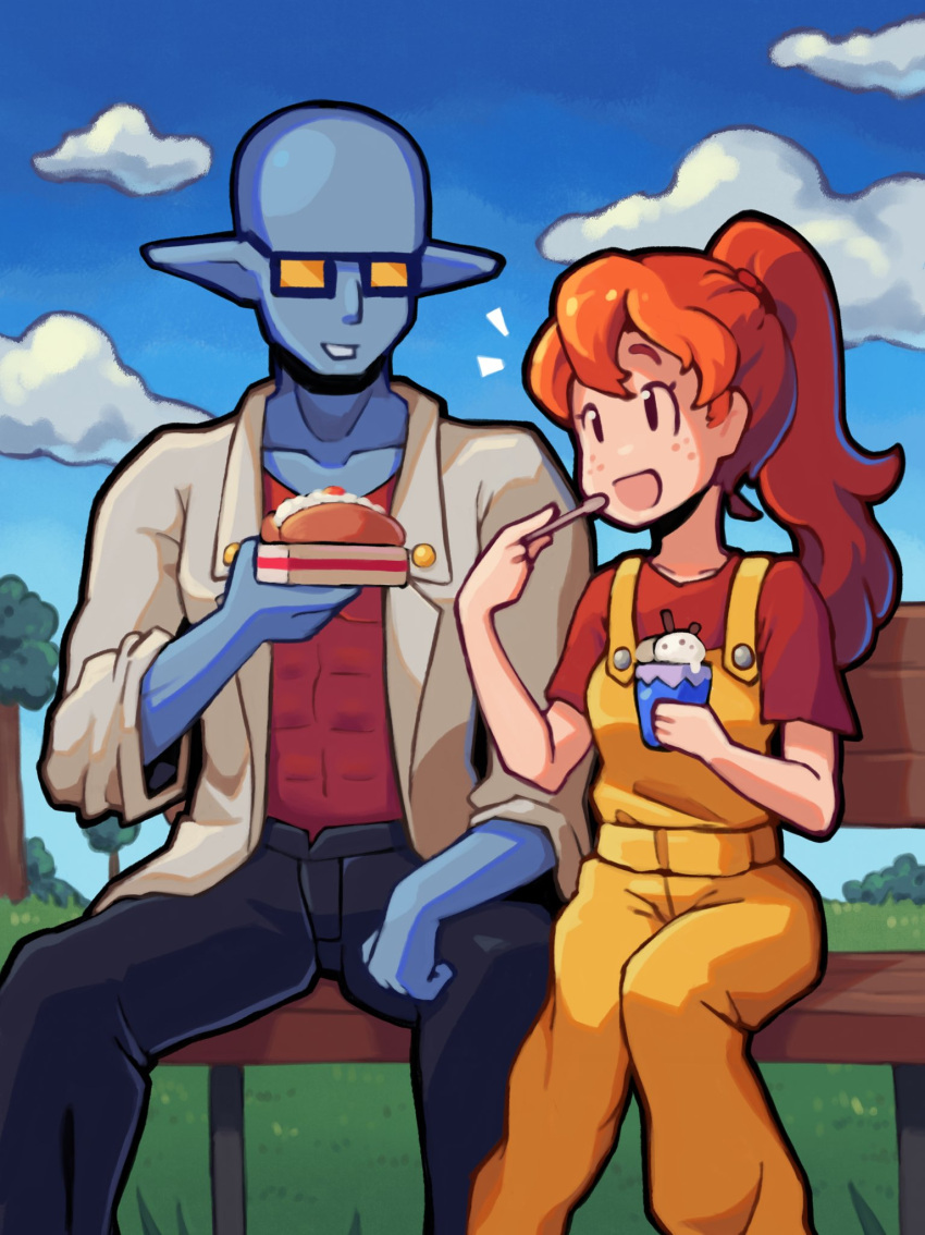 1boy, 1girl, :d, bald, bench, black_pants, dating, day, eating, feet_out_of_frame, food, goblin_tinkerer, grin, hetero, highres, ice_cream, kalia3see, lab_coat, mechanic_(terraria), orange_hair, outdoors, pants, ponytail, red_shirt, shirt, sitting, smile, terraria, yellow_overalls
